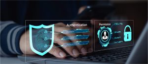 hands on laptop keyboard superimposed by forms of authentication including user name, password, and biometric scan intended to unlock permissions